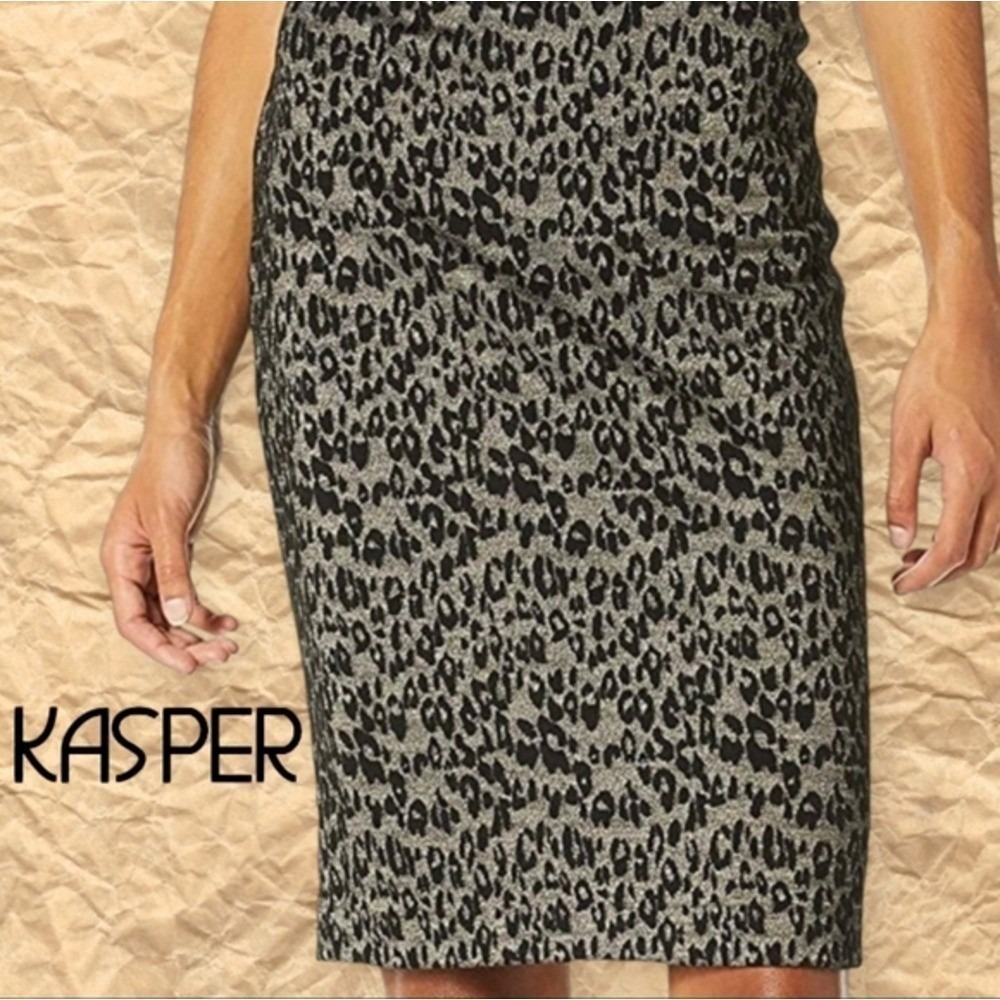 Kasper Leopard Print Jacquard Knit Metallic Pencil Skirt Black Gold 10